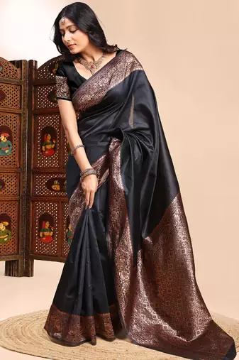Black lichi silk embroidered wedding wear saree