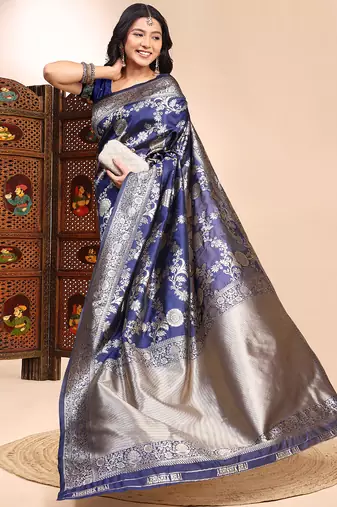 Dark blue lichi silk embroidered wedding wear saree