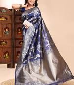Dark blue lichi silk embroidered wedding wear saree