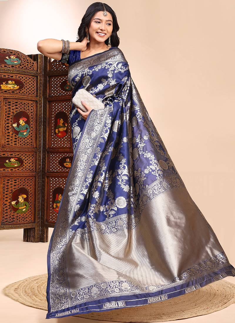 Dark blue lichi silk embroidered wedding wear saree