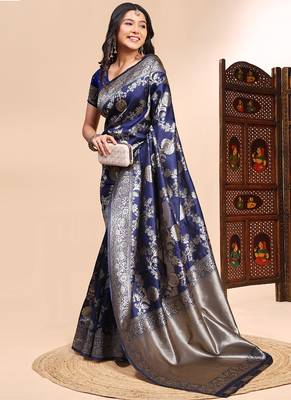 Dark blue lichi silk embroidered wedding wear saree 2