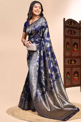 Dark blue lichi silk embroidered wedding wear saree