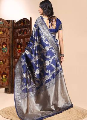 Dark blue lichi silk embroidered wedding wear saree 3