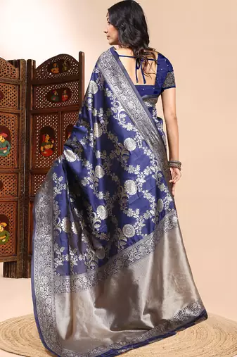 Dark blue lichi silk embroidered wedding wear saree