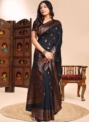 Black lichi silk embroidered wedding wear saree 1
