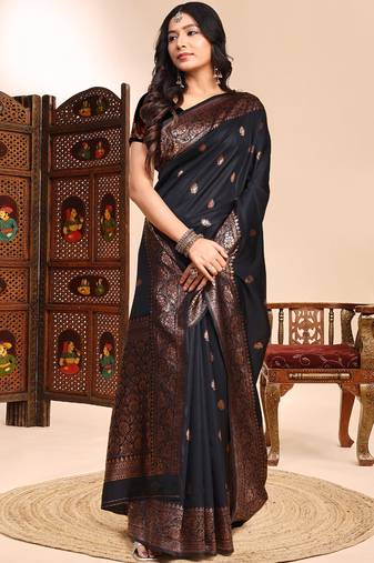 Black lichi silk embroidered wedding wear saree