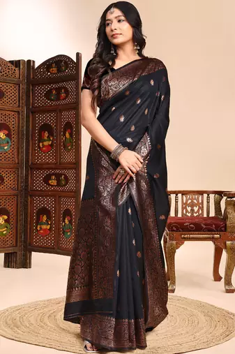 Black lichi silk embroidered wedding wear saree