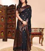 Black lichi silk embroidered wedding wear saree