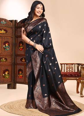 Black lichi silk embroidered wedding wear saree 2