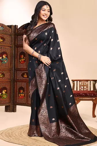 Black lichi silk embroidered wedding wear saree