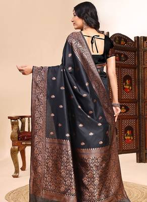 Black lichi silk embroidered wedding wear saree 3