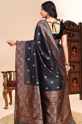 Black lichi silk embroidered wedding wear saree