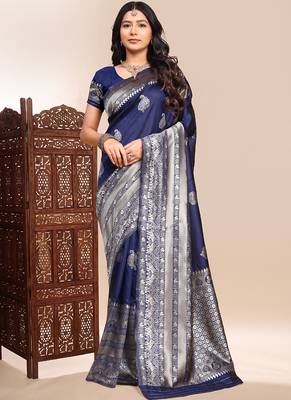Dark blue lichi silk embroidered wedding wear saree 1
