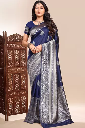 Dark blue lichi silk embroidered wedding wear saree