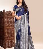 Dark blue lichi silk embroidered wedding wear saree