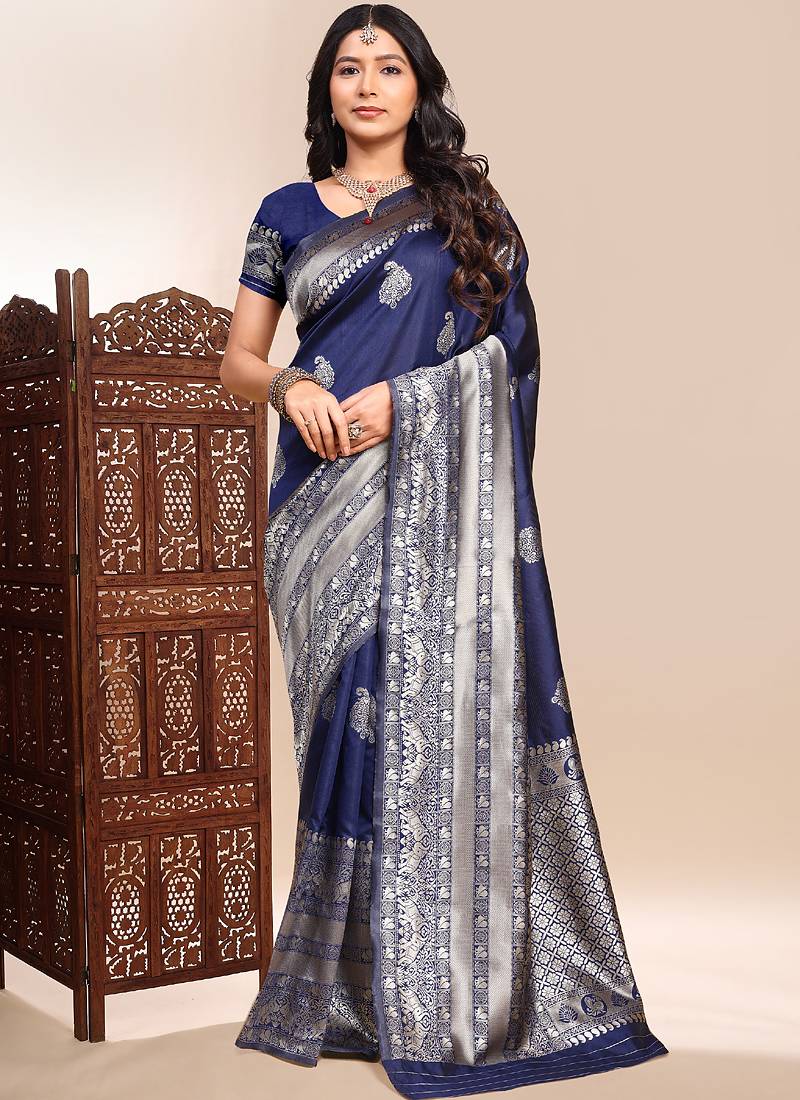 Dark blue lichi silk embroidered wedding wear saree