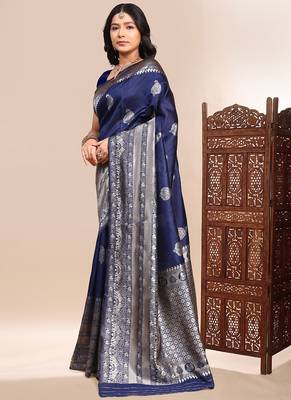 Dark blue lichi silk embroidered wedding wear saree 2