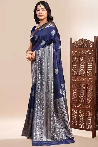 Dark blue lichi silk embroidered wedding wear saree