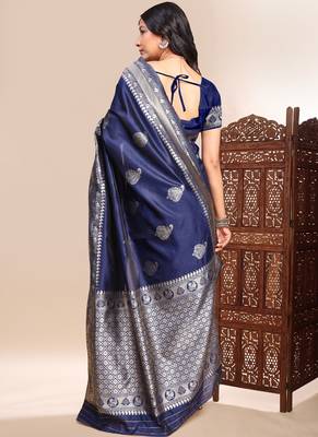 Dark blue lichi silk embroidered wedding wear saree 3