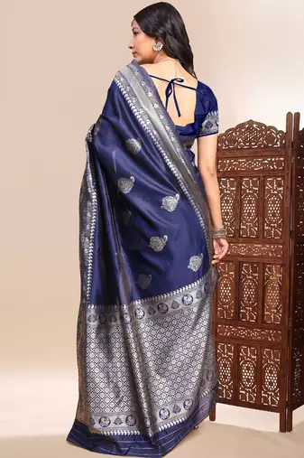 Dark blue lichi silk embroidered wedding wear saree