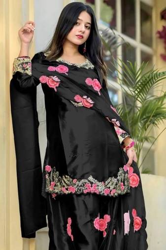 Black pure satin heavy embroidered salwar kameez set