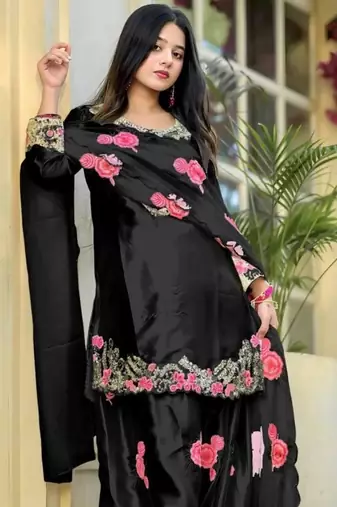Black pure satin heavy embroidered salwar kameez set