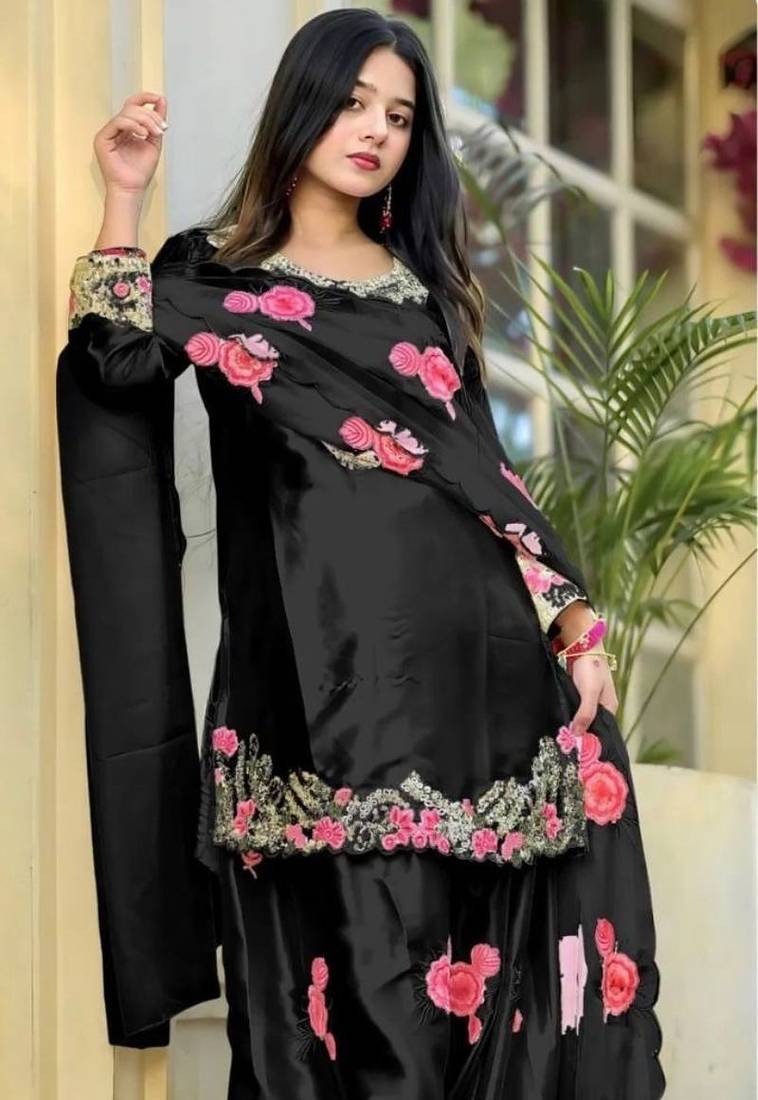 Black pure satin heavy embroidered salwar kameez set