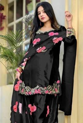 Black pure satin heavy embroidered salwar kameez set 2
