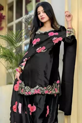 Black pure satin heavy embroidered salwar kameez set