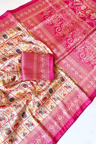 Cream Color Digital Print Pasmina weaving Silk Saree