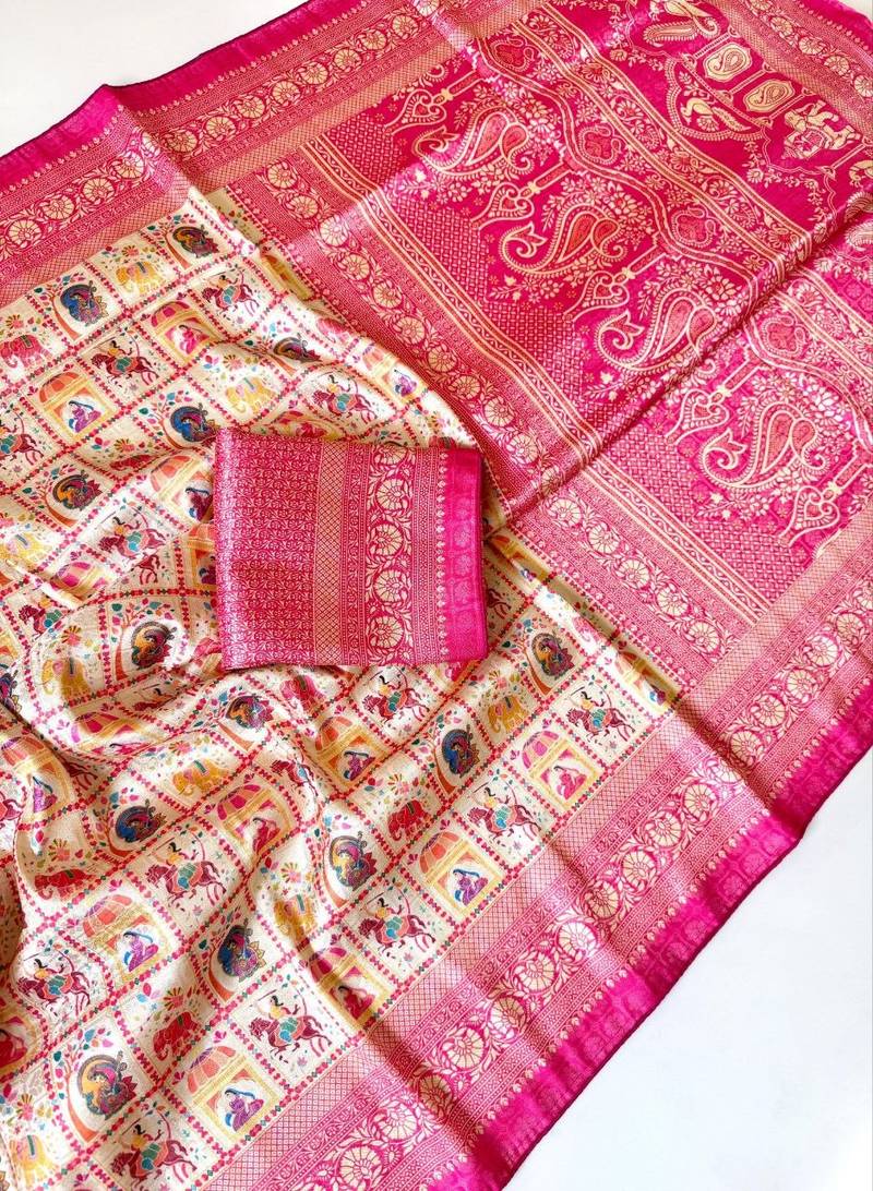 Cream Color Digital Print Pasmina weaving Silk Saree