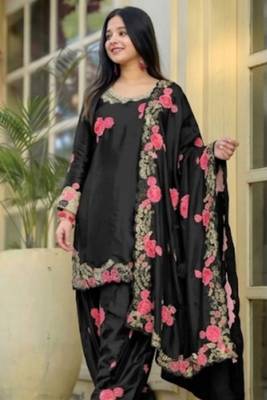 Black pure satin heavy embroidered salwar kameez set 3