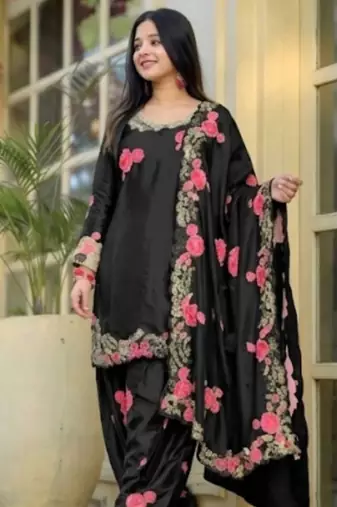 Black pure satin heavy embroidered salwar kameez set