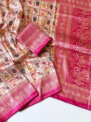 Cream Color Digital Print Pasmina weaving Silk Saree 2