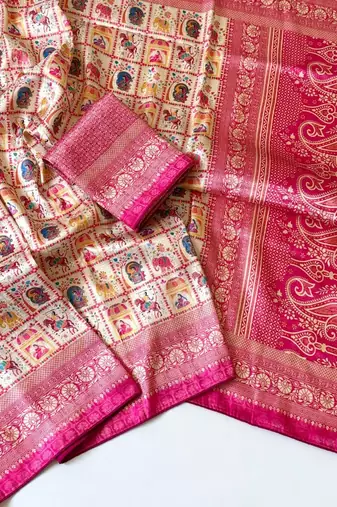 Cream Color Digital Print Pasmina weaving Silk Saree