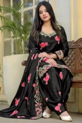 Black pure satin heavy embroidered salwar kameez set