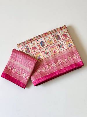 Cream Color Digital Print Pasmina weaving Silk Saree 3