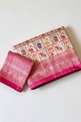 Cream Color Digital Print Pasmina weaving Silk Saree
