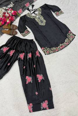 Black pure satin heavy embroidered salwar kameez set 5