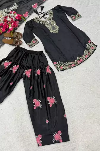 Black pure satin heavy embroidered salwar kameez set