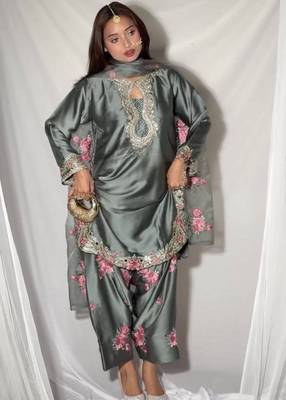 Grey japanese satin farshi salwar set with embroidery and sequence work 1