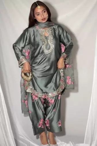 Grey japanese satin farshi salwar set with embroidery and sequence work