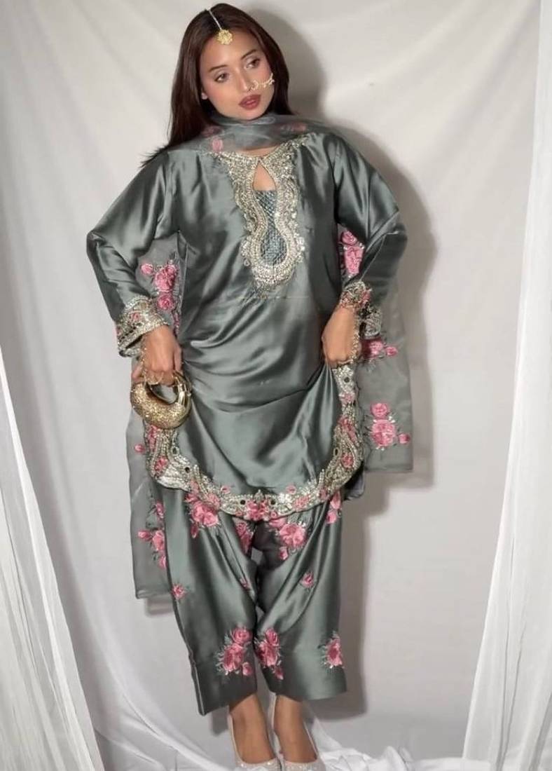Grey japanese satin farshi salwar set with embroidery and sequence work