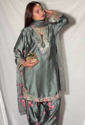 Grey japanese satin farshi salwar set with embroidery and sequence work 2
