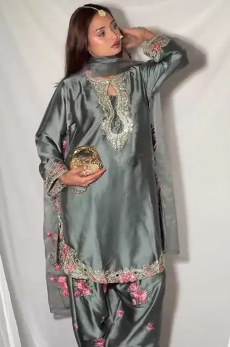 Grey japanese satin farshi salwar set with embroidery and sequence work