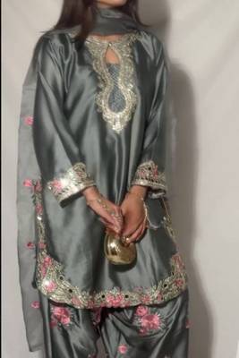 Grey japanese satin farshi salwar set with embroidery and sequence work 3