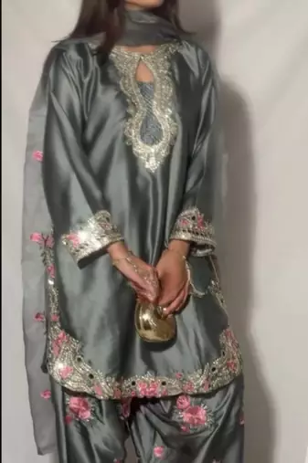 Grey japanese satin farshi salwar set with embroidery and sequence work