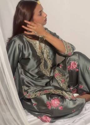 Grey japanese satin farshi salwar set with embroidery and sequence work 4
