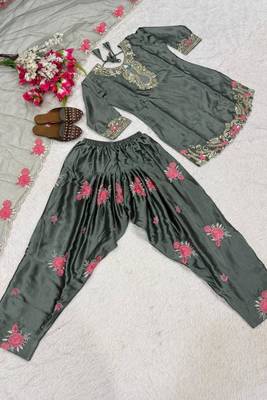 Grey japanese satin farshi salwar set with embroidery and sequence work 5