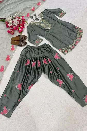 Grey japanese satin farshi salwar set with embroidery and sequence work